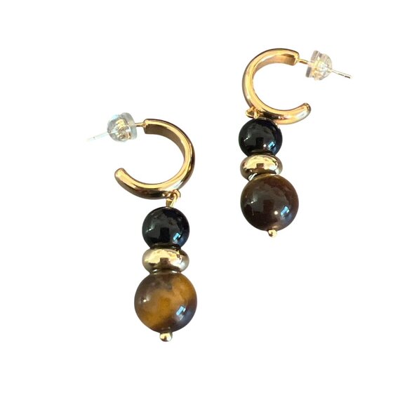 Vintage Gold Tone Tigers Eye Black Onyx Beaded Hoop Earrings Huggies Estate 1.5" - Picture 2 of 4
